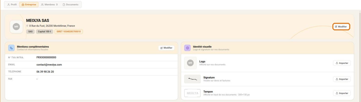 L'onglet Entreprise de Mon Compte dans Meolya