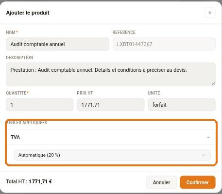 L'étape d'ajout d'un produit sur un devis