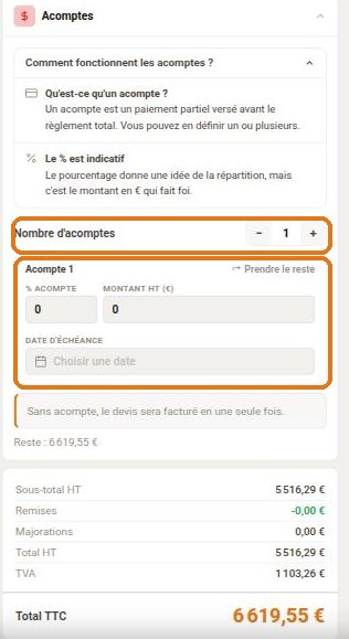 Le panneau acomptes d'un devis