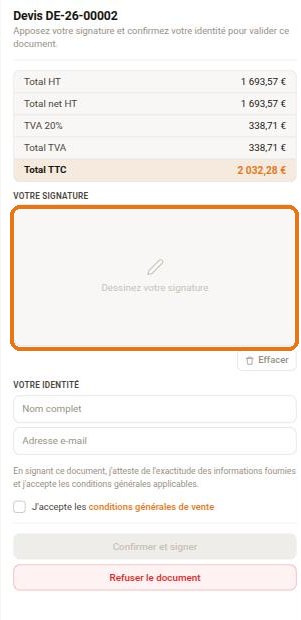 La page de signature vue par le client