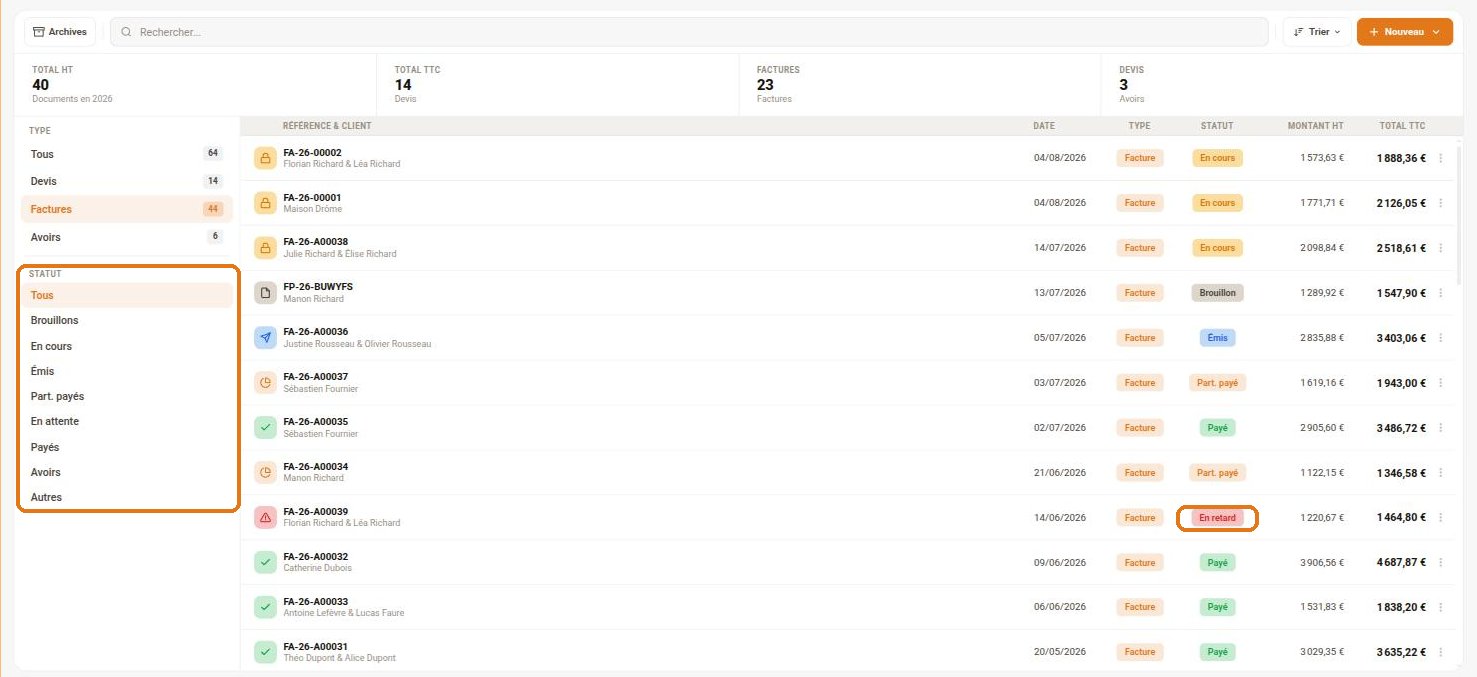 La liste des factures et leurs statuts