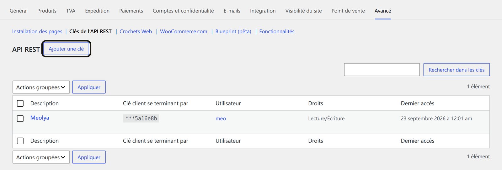 Page des clés de l'API REST dans WooCommerce