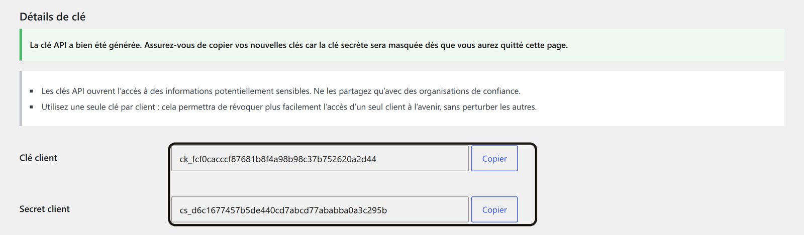Clé client et secret client générés par WooCommerce