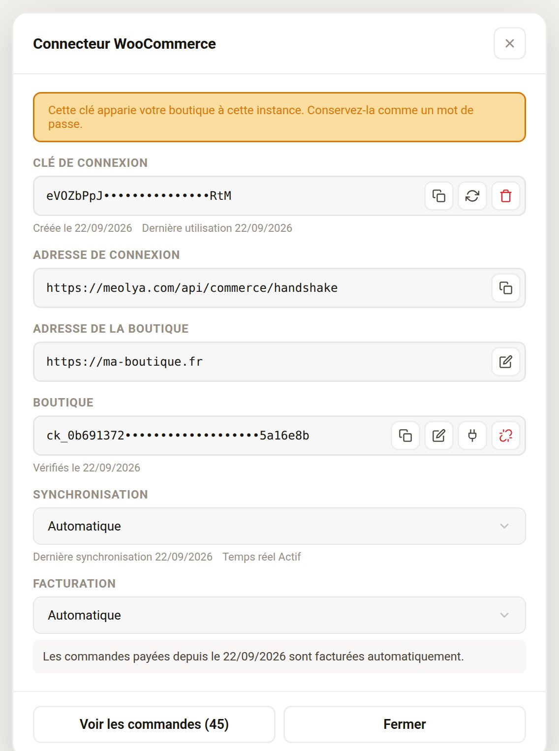 Fenêtre de configuration du connecteur WooCommerce