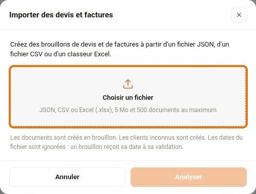 Fenêtre Importer des devis et factures