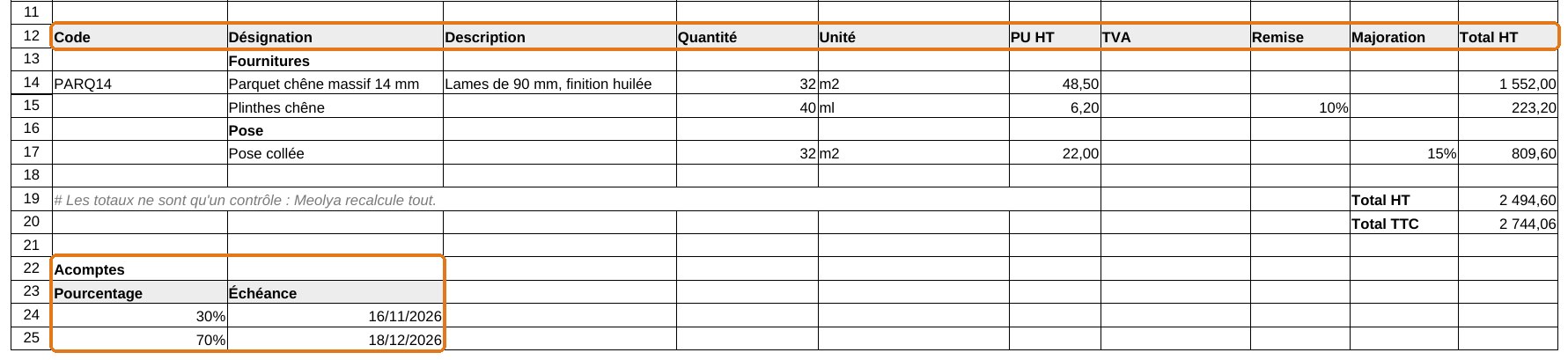 Tableau des lignes, totaux et acomptes d'une feuille de devis