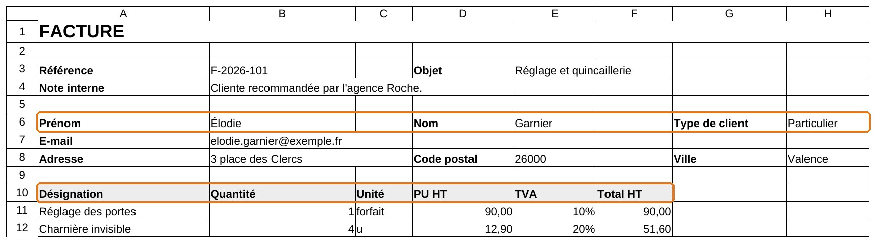 Feuille de facture pour une particulière