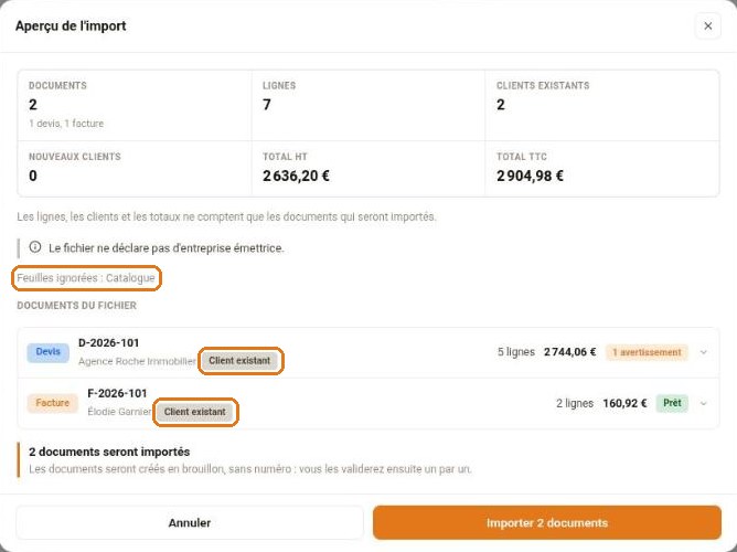 Aperçu de l'import avec deux documents