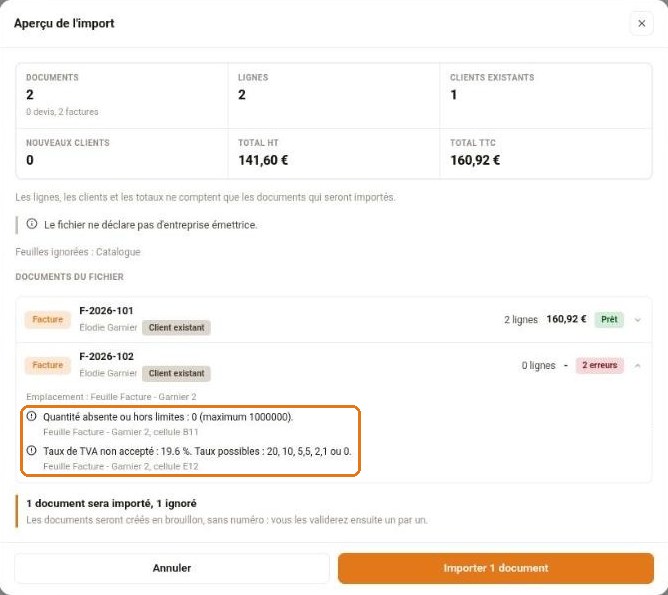 Aperçu avec une facture ignorée pour deux erreurs