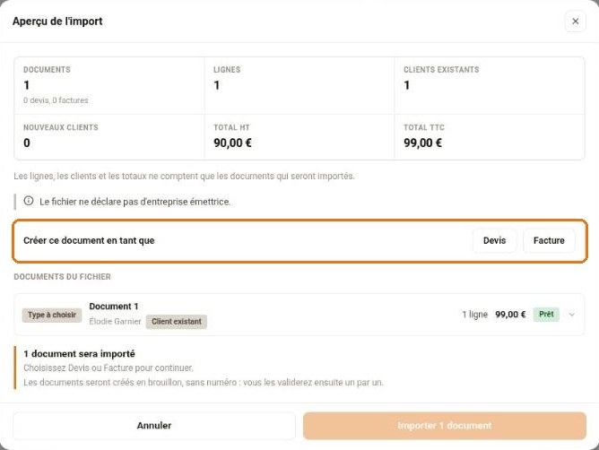 Choix du type pour un document sans ligne DOCUMENT