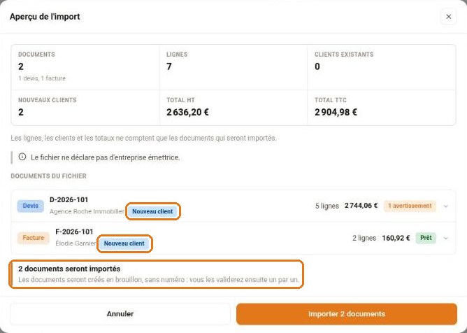 Aperçu de l'import avec deux documents