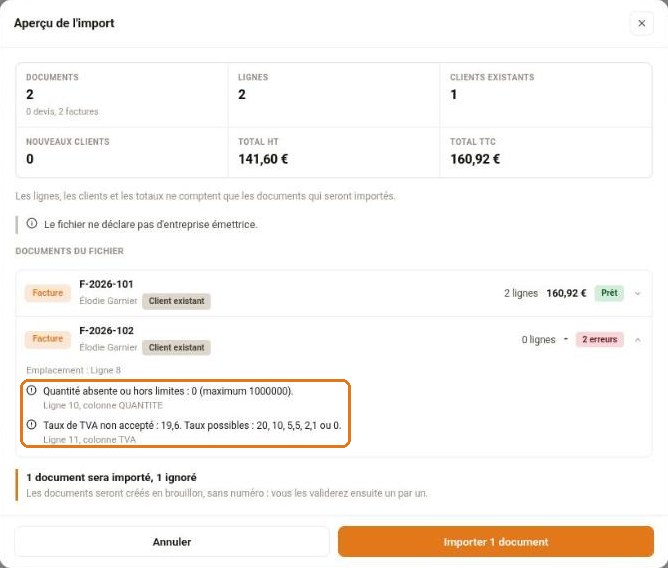 Aperçu avec une facture ignorée pour deux erreurs