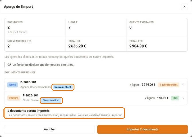 Aperçu de l'import avec deux documents