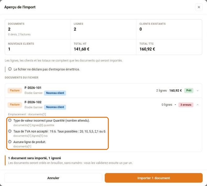 Aperçu avec une facture ignorée pour trois erreurs