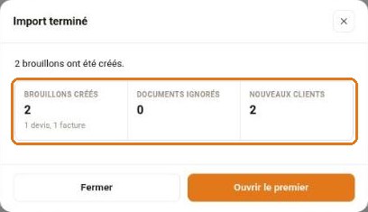 Fenêtre Import terminé
